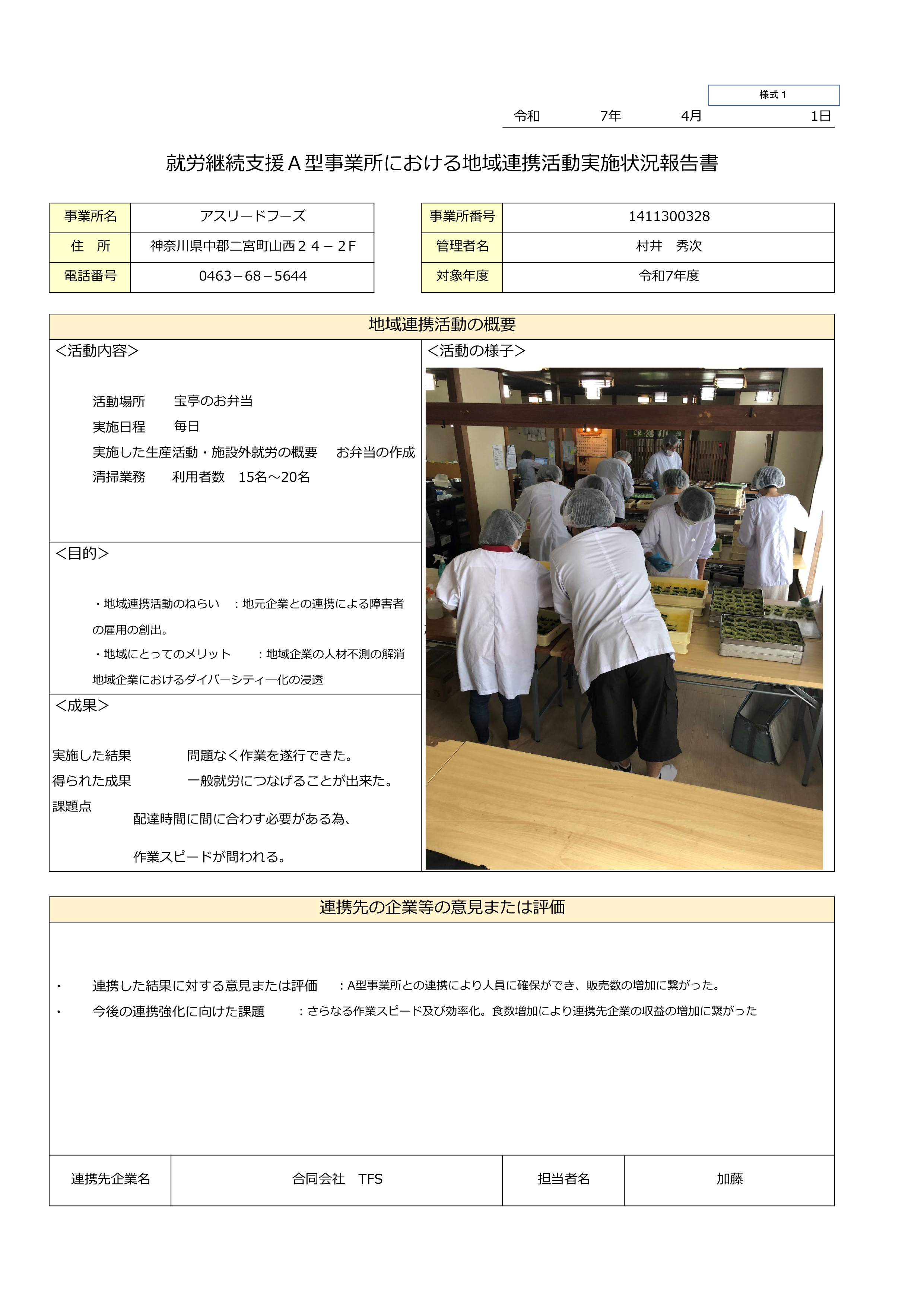 就労継続支援Ａ型事業所における地域連携活動実施状況報告書